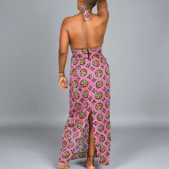 Vintage Halter Maxi Dress Pink Acrylic Floral Print Garden Coverup Hippie Small - Picture 3 of 15
